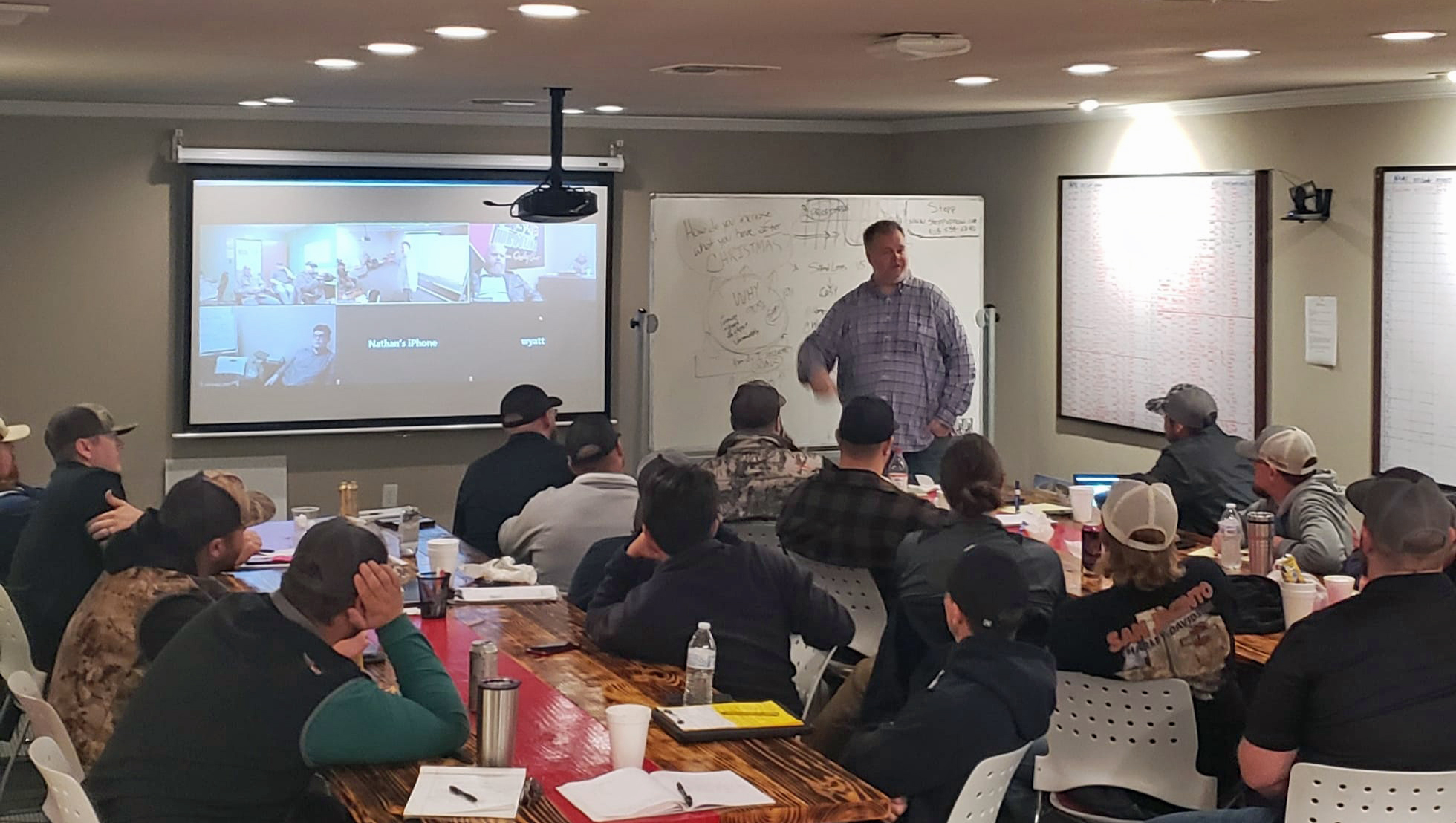 Mike Coday consulting with a group of roofing company owners and salespeople.